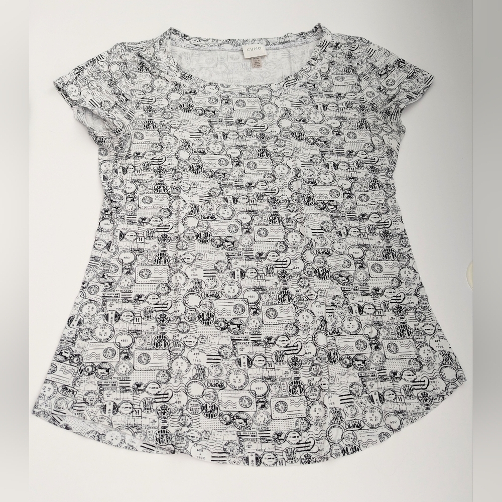 Cupio Women's (Medium) Black & White Postage Graphic Short Sleeve T-Shirt